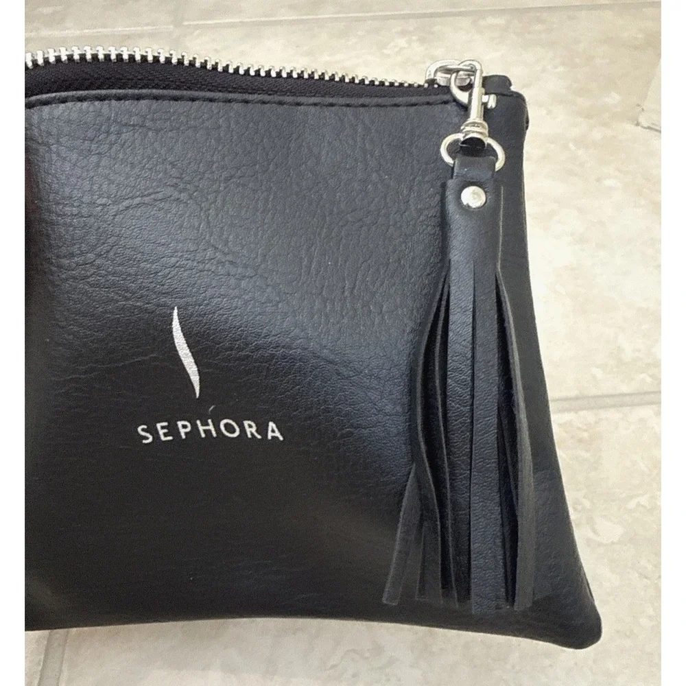 New Sephora Makeup Bag Black Faux Leather Zebra Lining Zip W/ Tassel Size Small